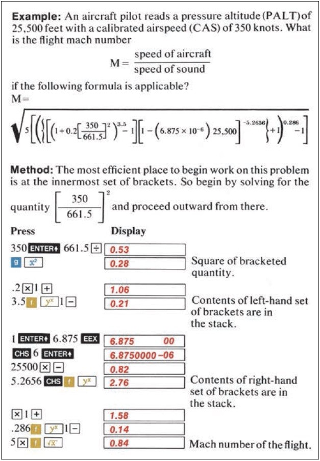 Obr. 3 Výpočet Machova čísla v Ownerʼs Handbook – na hrozivě vypadající vzorec stačí (kromě vkládaných konstant) 26 stisků kláves